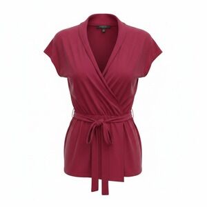C'est City Wrap Cardigan Womens L Red Silk Cotton Short Sleeve Tie Waist